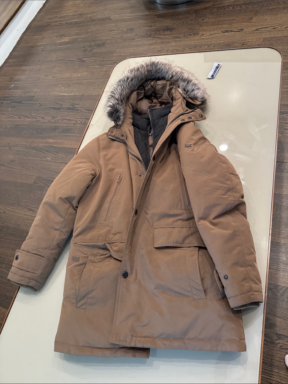 Michael Kors Tan Brown Faux-Fur Hooded Puffer Parka